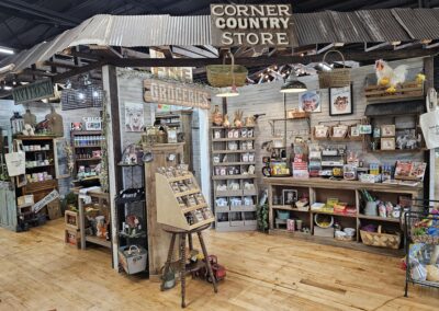 Rustic corner country store with assorted groceries items.