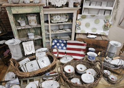 Vintage home decor and dishware on display