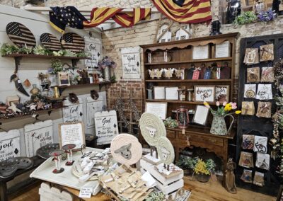 Rustic home decor shop interior with crafts and flags