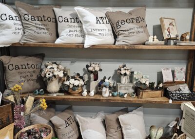 Decorative pillows and toys on rustic wooden shelves.