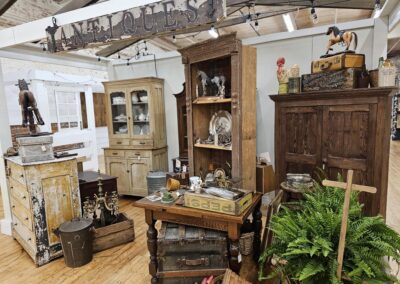 Vintage antiques shop interior with rustic furniture