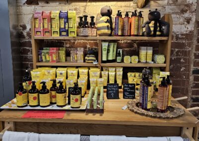 Assorted skincare products displayed in a boutique store